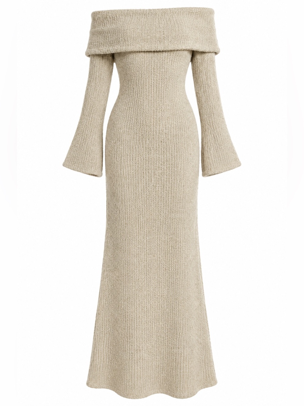 ASOS Beige Off-Shoulder Ribbed Maxi Dress